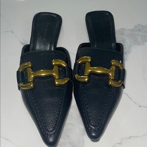 Black Leather Mules with Gold Accent